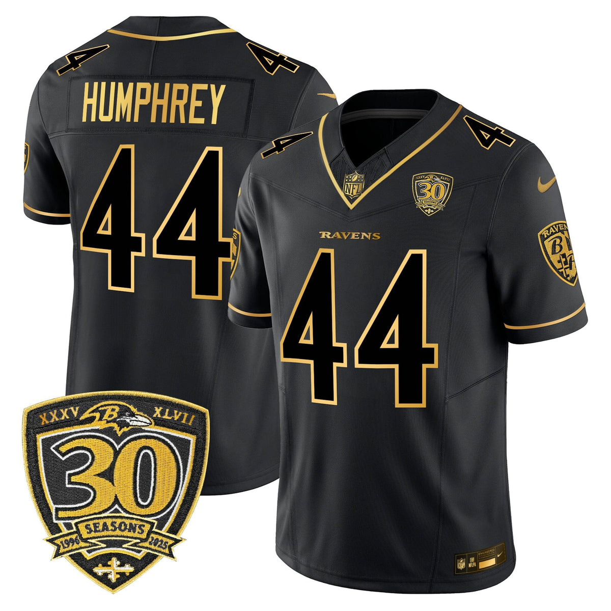 Men's Baltimore Ravens 2025 Gold Vapor Limited Jersey - 30th Anniversary Patch - All Stitched