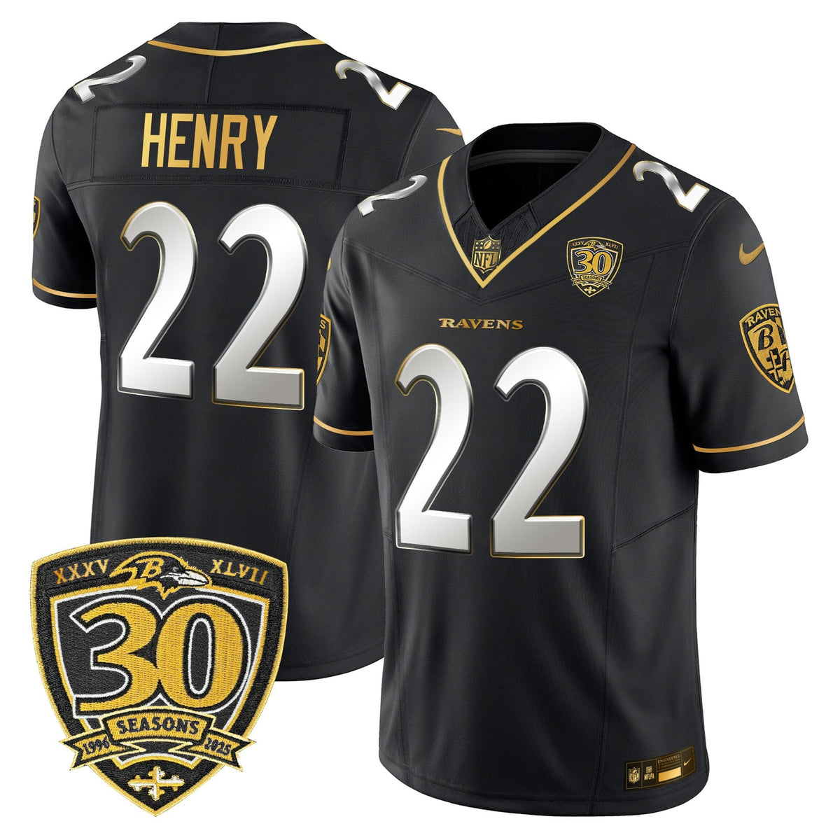 Men's Baltimore Ravens 2025 Gold Vapor Limited Jersey - 30th Anniversary Patch - All Stitched