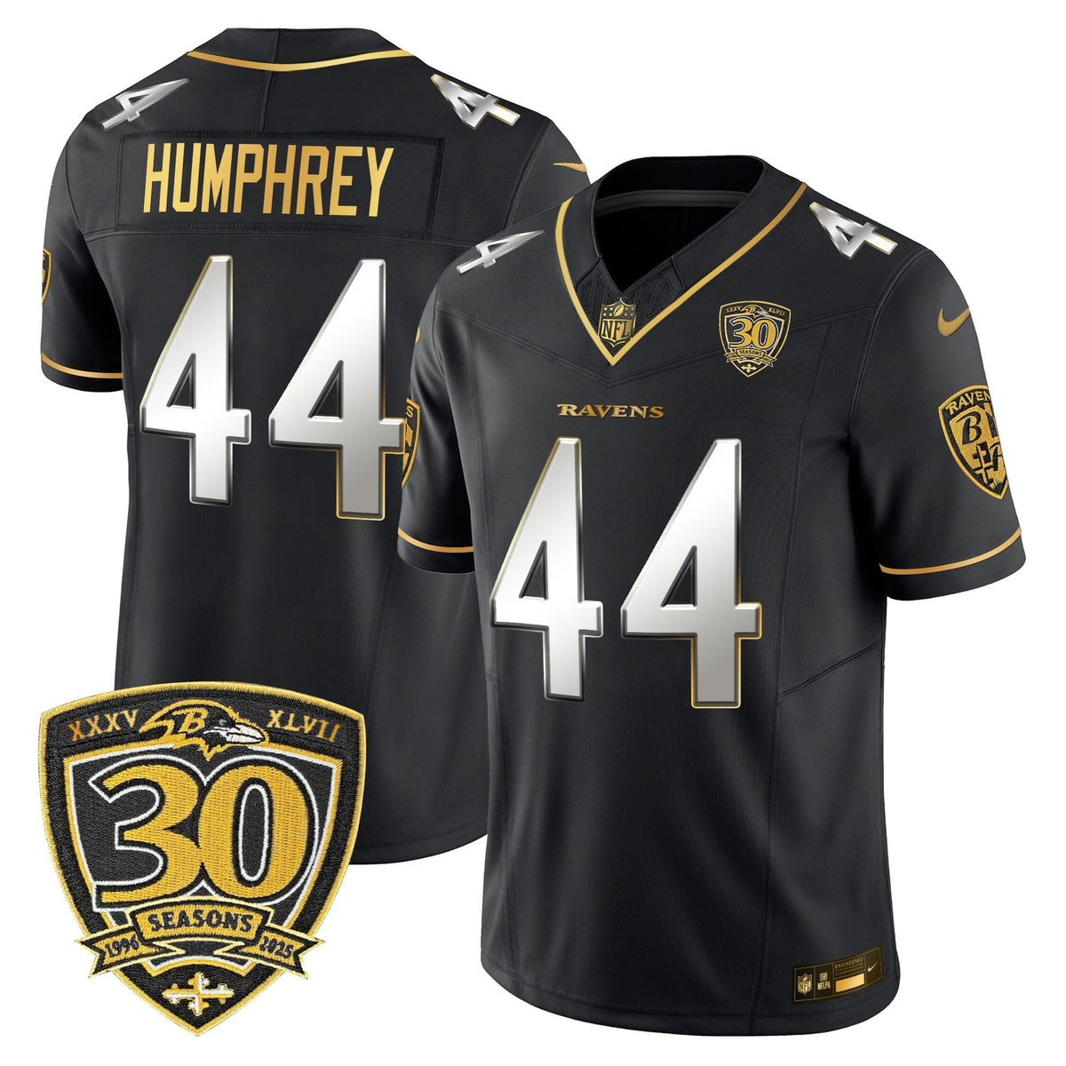 Men's Baltimore Ravens 2025 Gold Vapor Limited Jersey - 30th Anniversary Patch - All Stitched