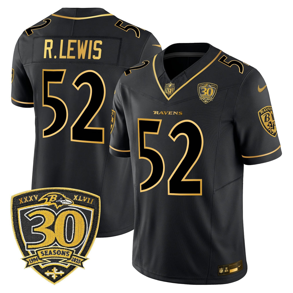 Men's Baltimore Ravens 2025 Gold Vapor Limited Jersey - 30th Anniversary Patch - All Stitched
