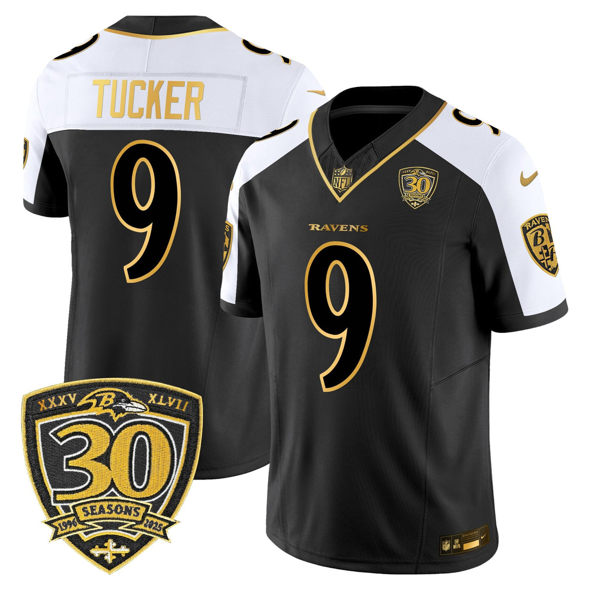 Men's Baltimore Ravens 2025 Gold Vapor Limited Jersey - 30th Anniversary Patch - All Stitched
