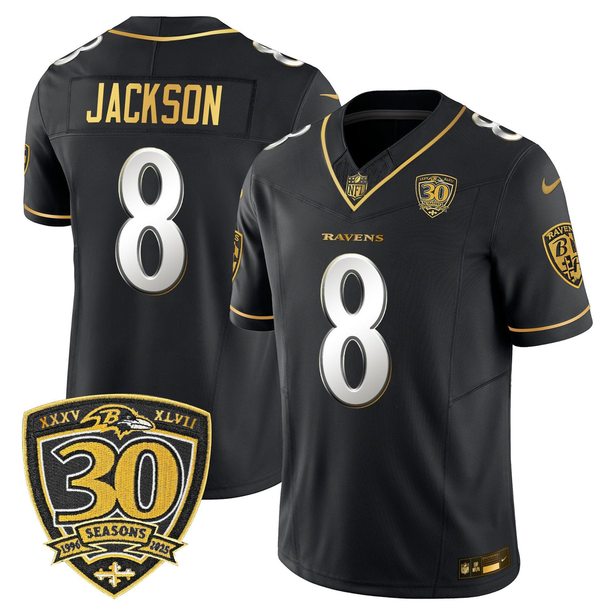Men's Baltimore Ravens 2025 Gold Vapor Limited Jersey - 30th Anniversary Patch - All Stitched
