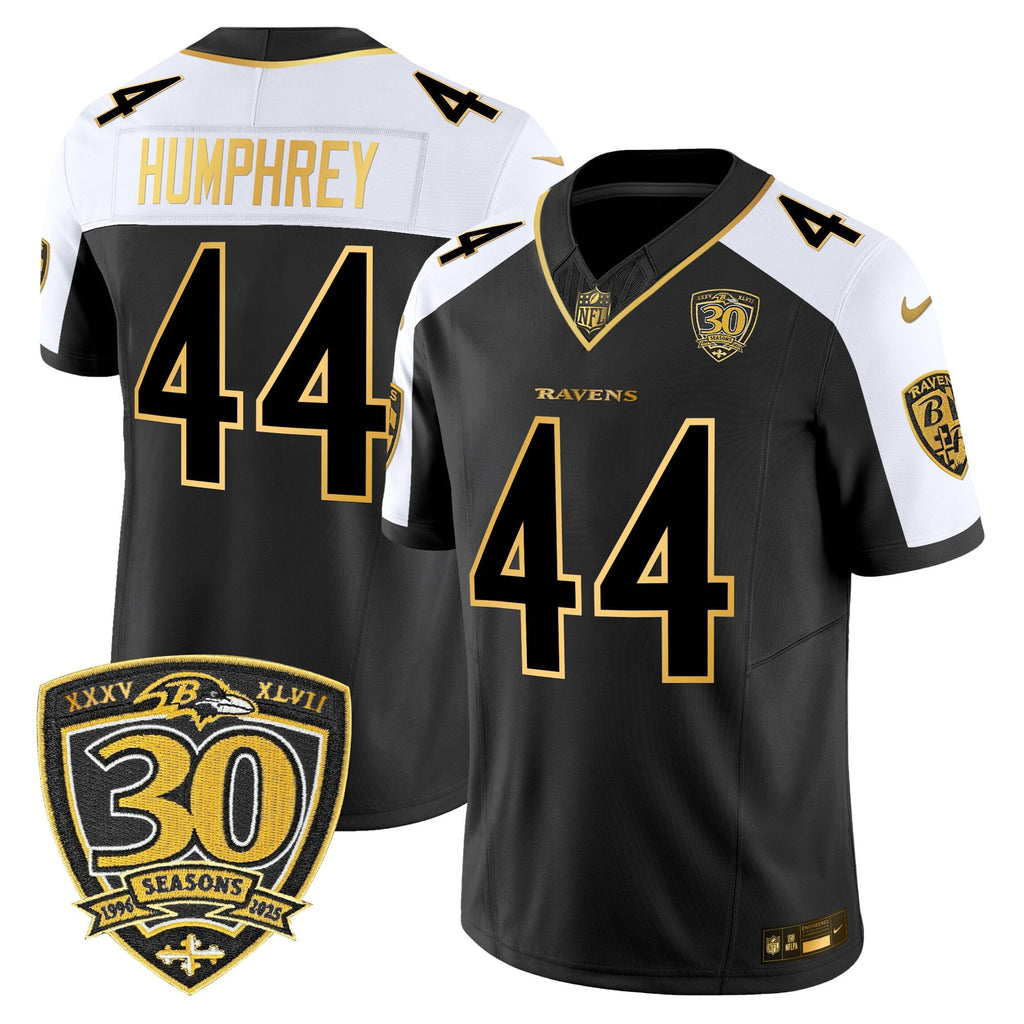 Men's Baltimore Ravens 2025 Gold Vapor Limited Jersey - 30th Anniversary Patch - All Stitched