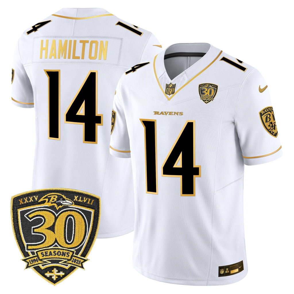 Men's Baltimore Ravens 2025 Gold Vapor Limited Jersey - 30th Anniversary Patch - All Stitched
