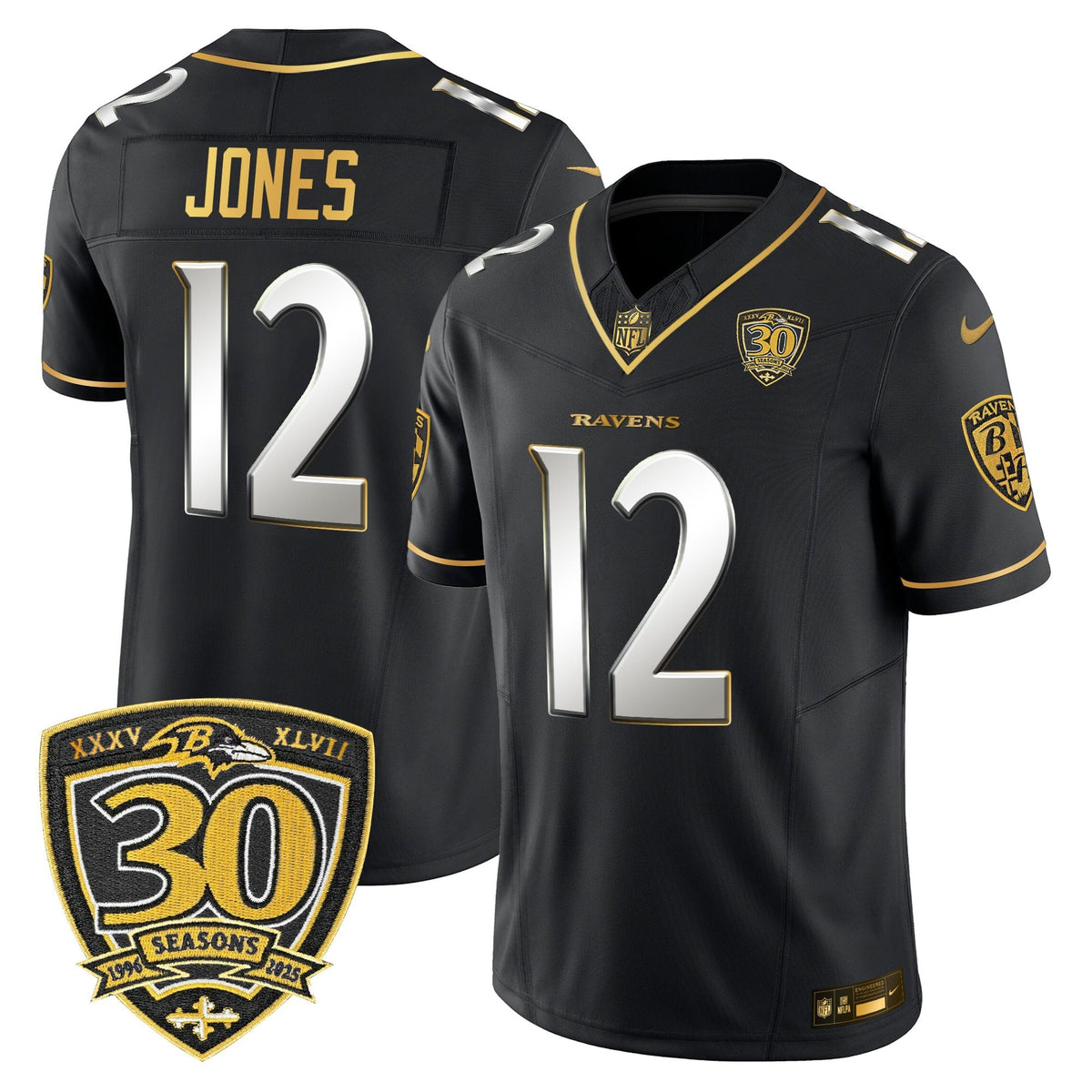 Men's Baltimore Ravens 2025 Gold Vapor Limited Jersey - 30th Anniversary Patch - All Stitched