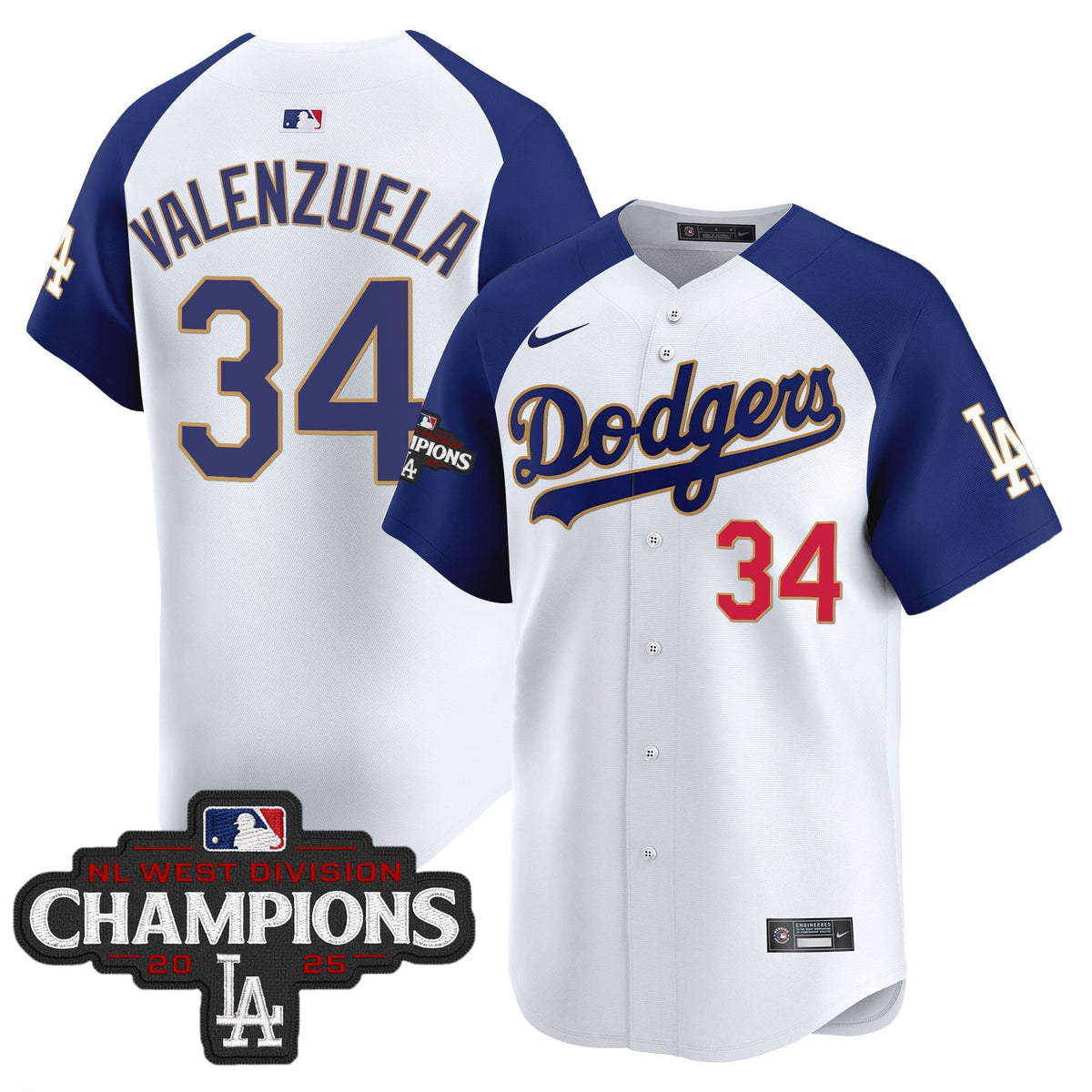 Men's Dodgers 2025 NL West Division Champions Patch Gold Trim Vapor Premier Limited Jersey - All Stitched