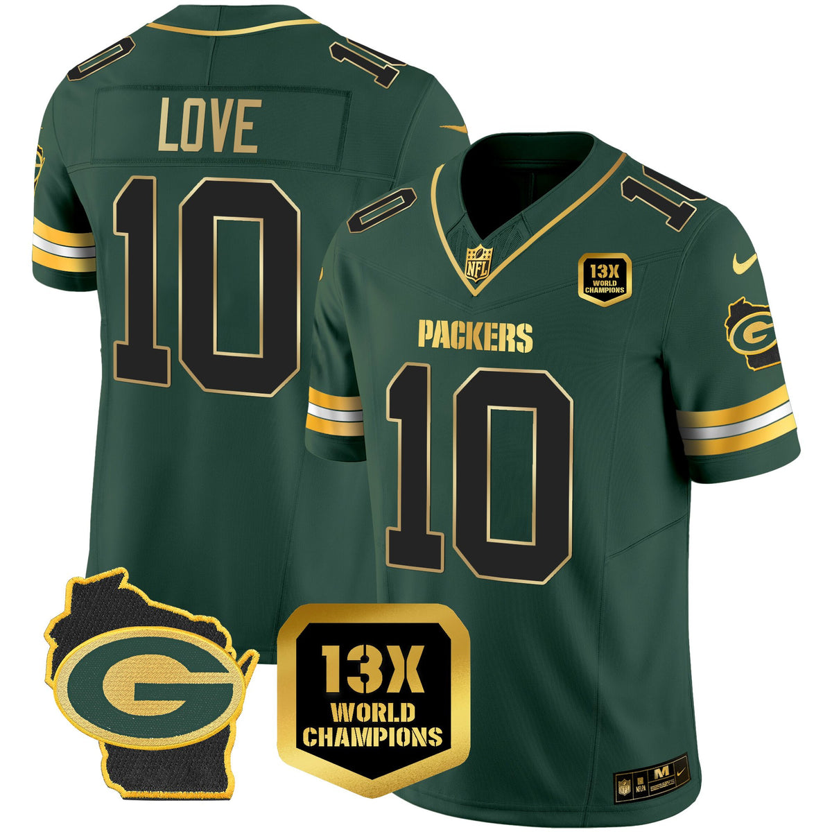 Green Bay Packers 13x Time World Champions Patch Gold Limited Jersey – All Stitched
