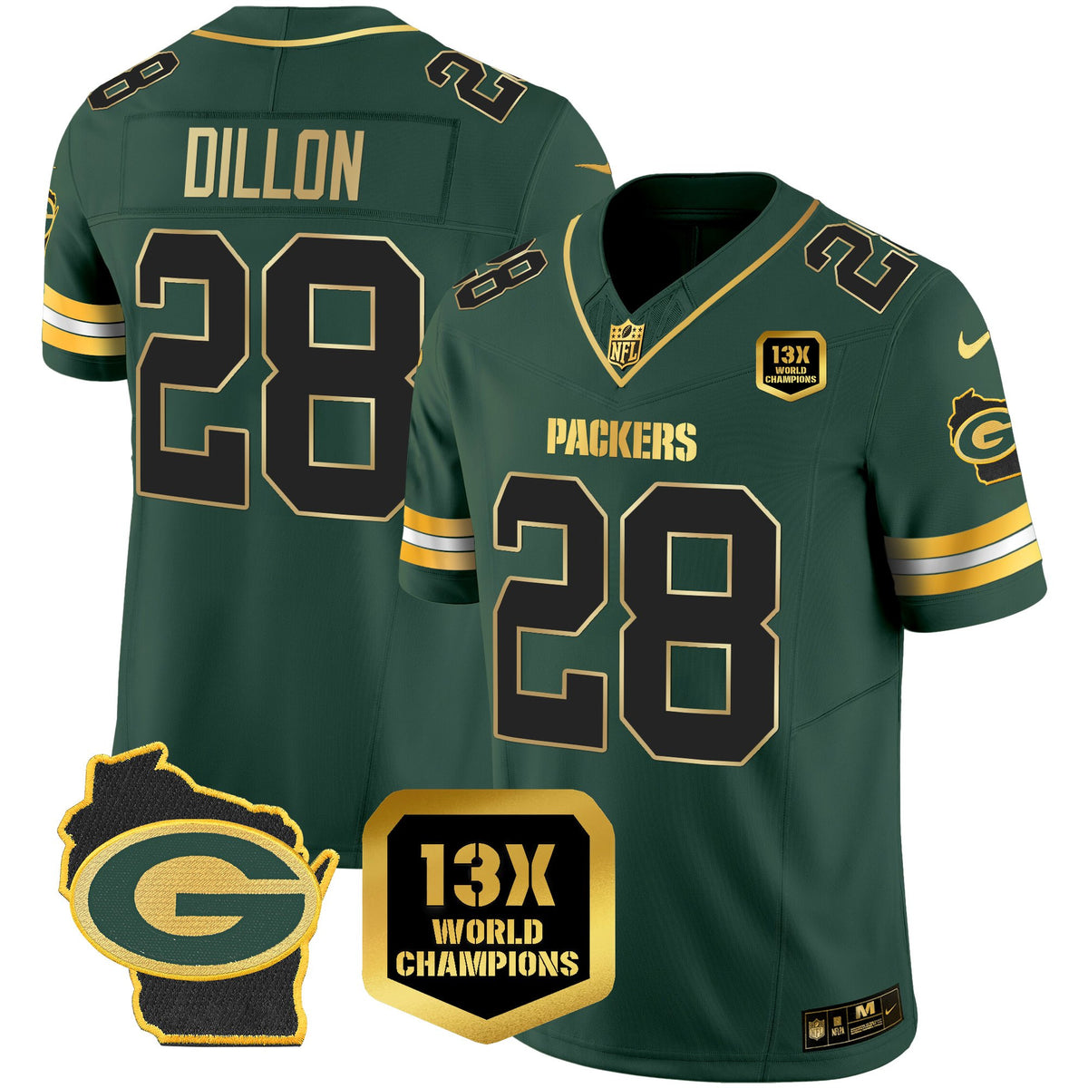 Green Bay Packers 13x Time World Champions Patch Gold Limited Jersey – All Stitched