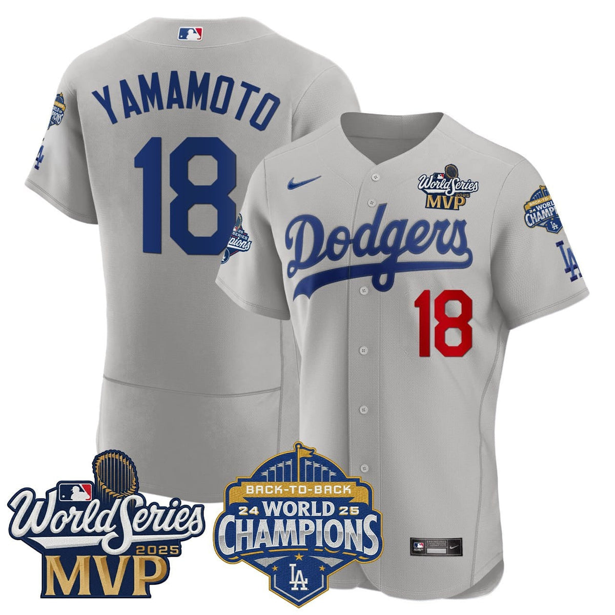Yoshinobu Yamamoto Dodgers World Series Champions MVP Patch Jersey - All Stitched