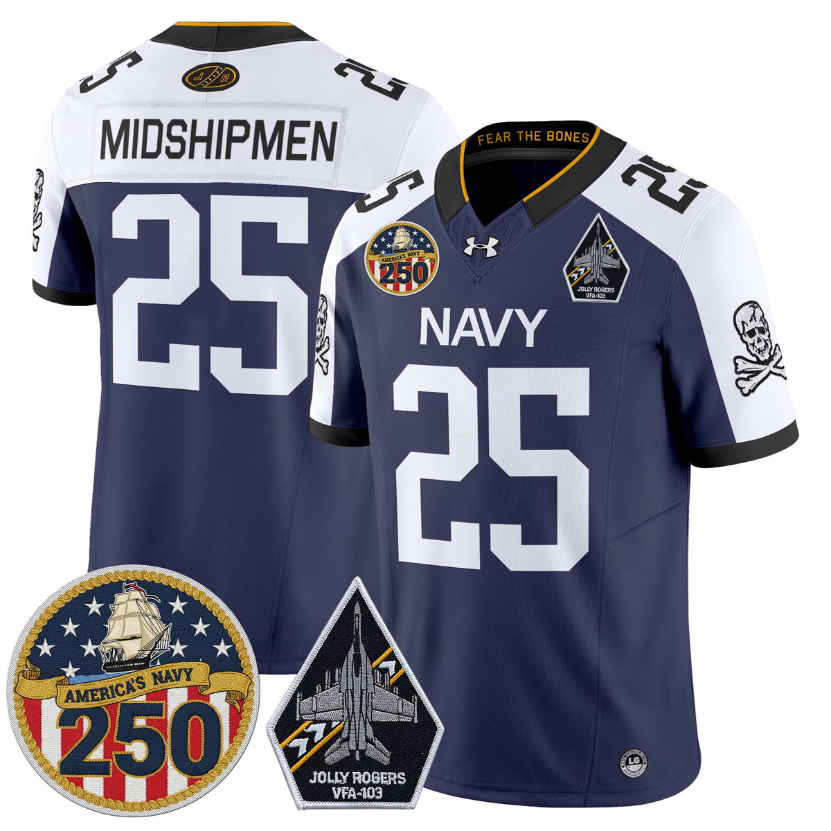 Men's Navy Midshipmen 'Jolly Rogers Edition' Vapor Limited Jersey - 250th Anniversary Patch - All Stitched
