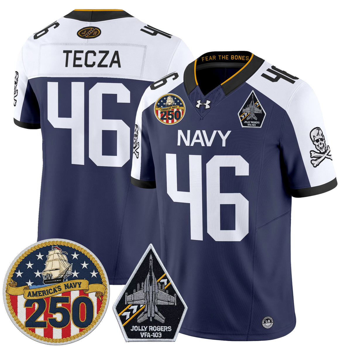 Men's Navy Midshipmen 'Jolly Rogers Edition' Vapor Limited Jersey - 250th Anniversary Patch - All Stitched