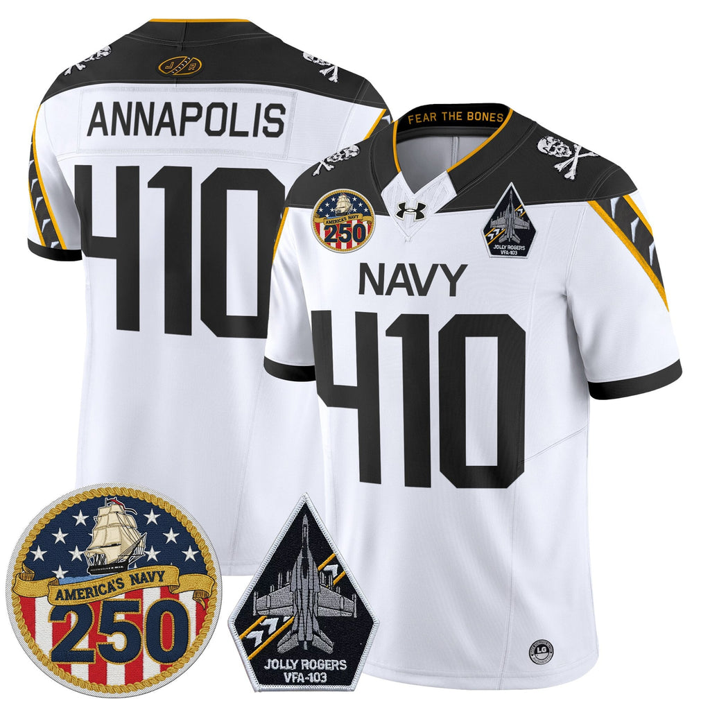 Men's Navy Midshipmen 'Jolly Rogers Edition' Vapor Limited Jersey - 250th Anniversary Patch - All Stitched