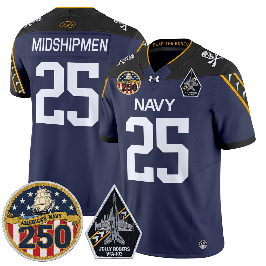 Men's Navy Midshipmen 'Jolly Rogers Edition' Vapor Limited Jersey - 250th Anniversary Patch - All Stitched