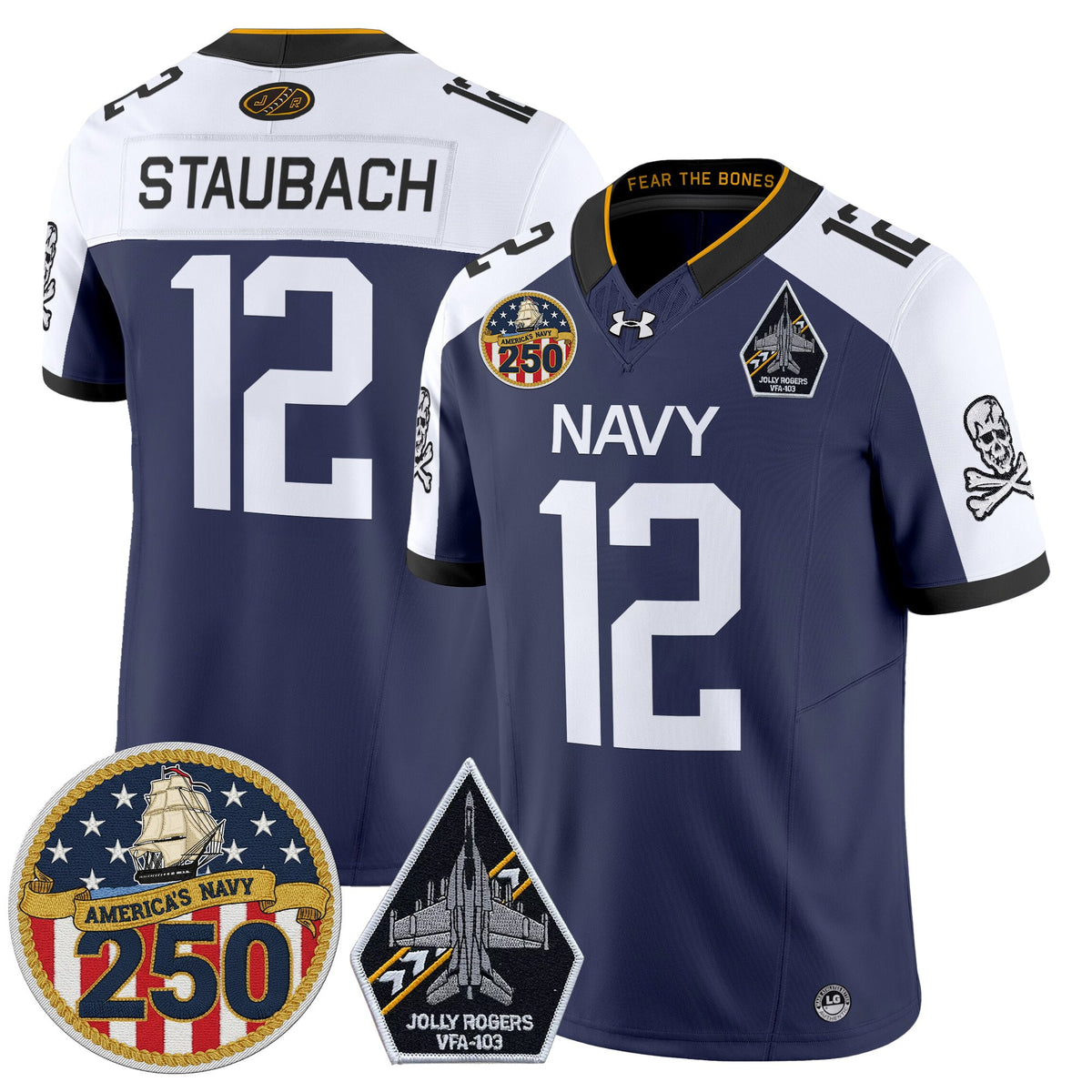 Men's Navy Midshipmen 'Jolly Rogers Edition' Vapor Limited Jersey - 250th Anniversary Patch - All Stitched