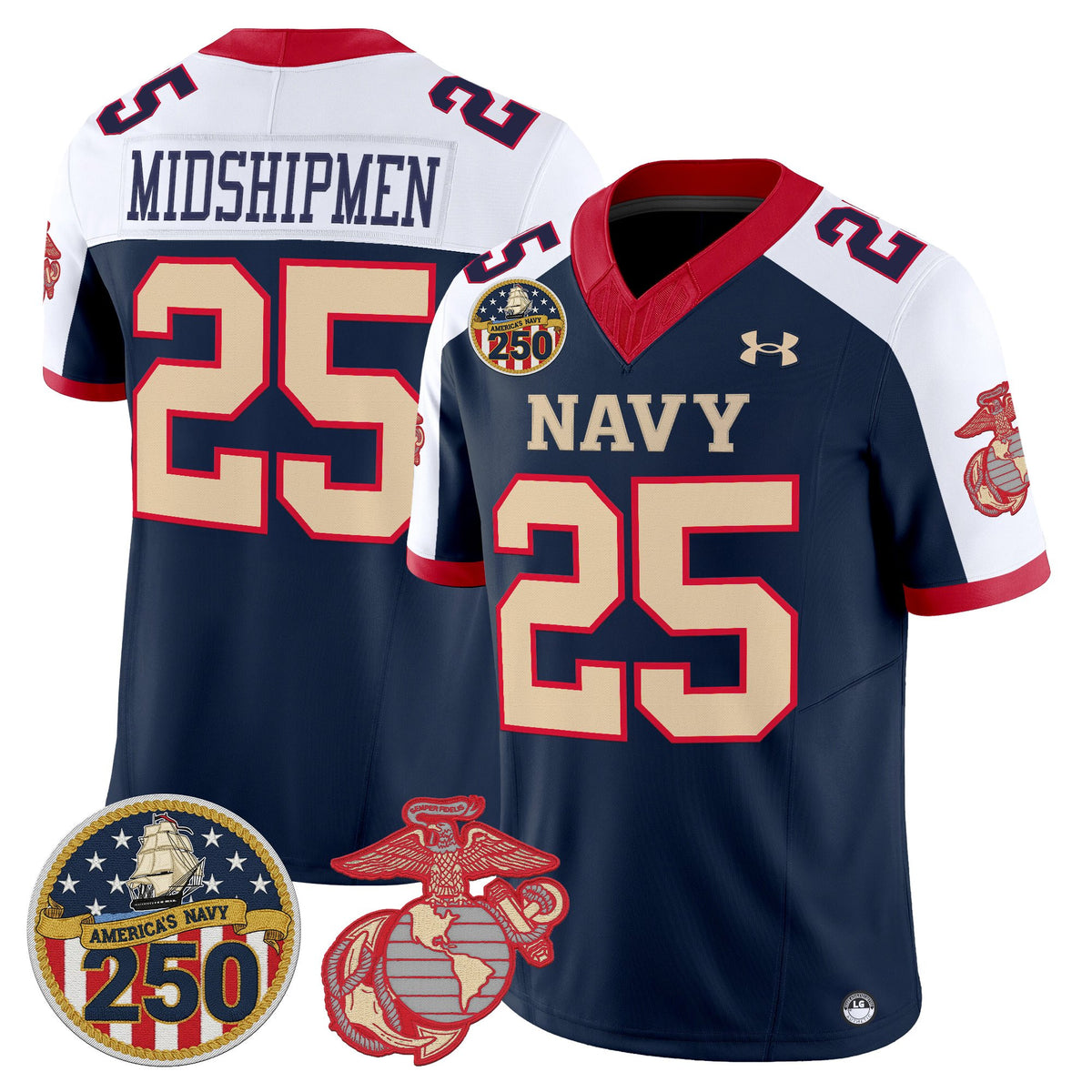 Men's Navy Midshipmen Vapor USMC Premier Jersey - 250th Anniversary Patch - All Stitched