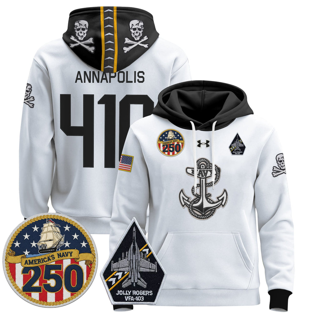 Men's Navy Midshipmen 'Jolly Rogers Edition' Pullover Hoodie - 250th Anniversary Patch - Stitched