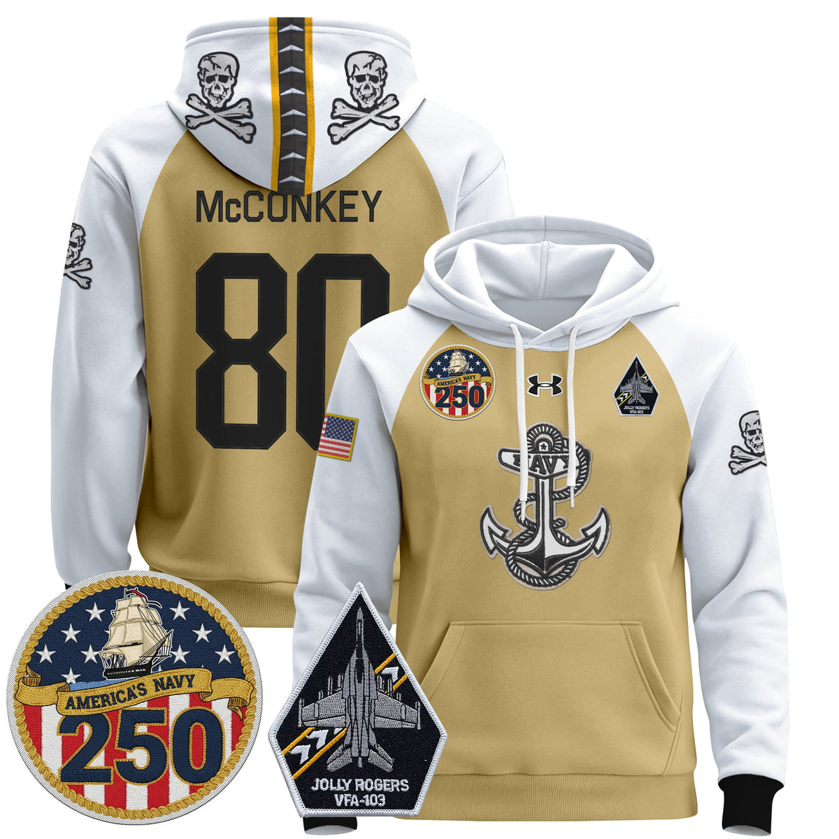 Men's Navy Midshipmen 'Jolly Rogers Edition' Pullover Hoodie - 250th Anniversary Patch - Stitched