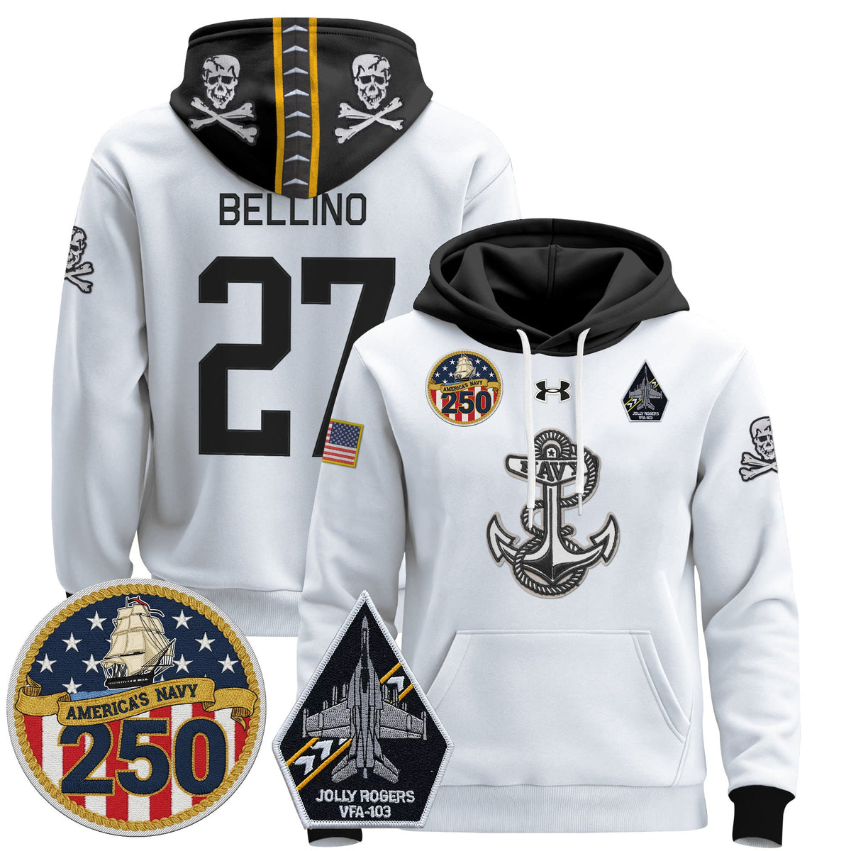 Men's Navy Midshipmen 'Jolly Rogers Edition' Pullover Hoodie - 250th Anniversary Patch - Stitched