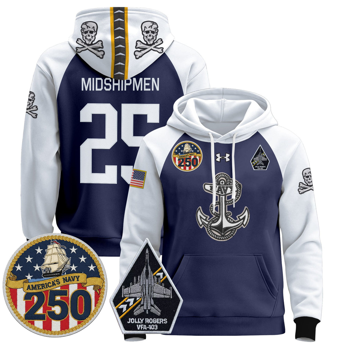 Men's Navy Midshipmen 'Jolly Rogers Edition' Pullover Hoodie - 250th Anniversary Patch - Stitched