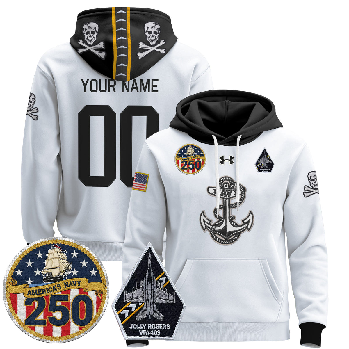 Navy Midshipmen 'Jolly Rogers Edition' Custom Pullover Hoodie - 250th Anniversary Patch - Stitched