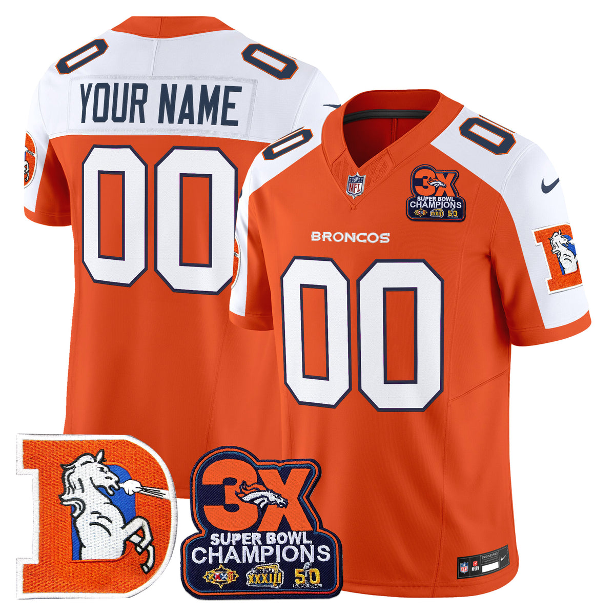 Denver Broncos Throwback Vapor Limited Custom Jersey - 3-Time Champions Patch - All Stitched