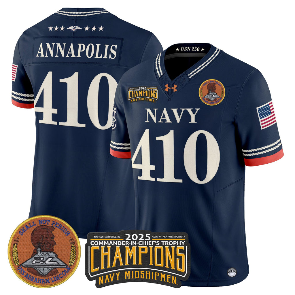 Men's Navy Midshipmen 250th Anniversary Vapor Limited Jersey - 2025 Commander-In-Chief's Trophy Champions Patch - Stitched