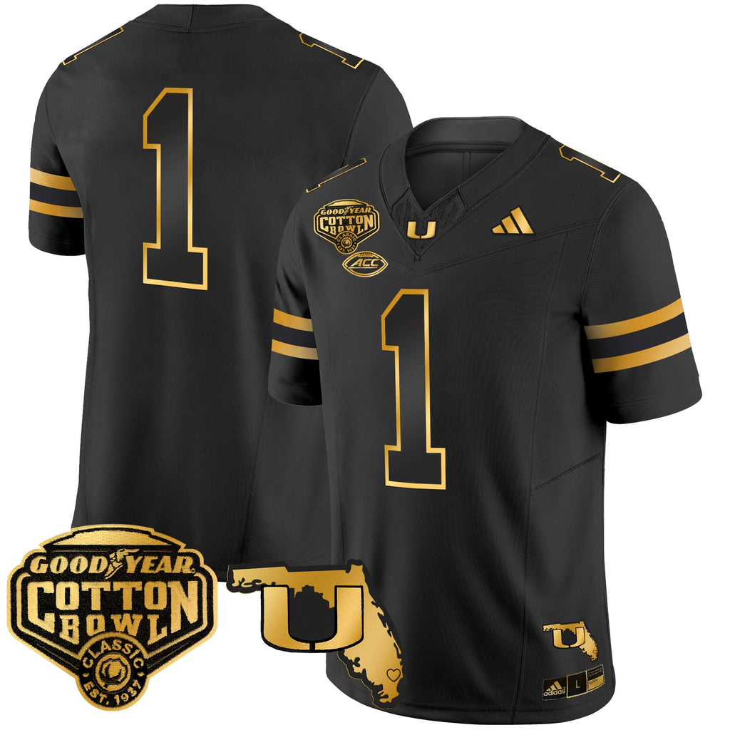Men's Miami Hurricanes 2025/26 Cotton Bowl & Florida Patch Gold Vapor Limited Jersey - All Stitched