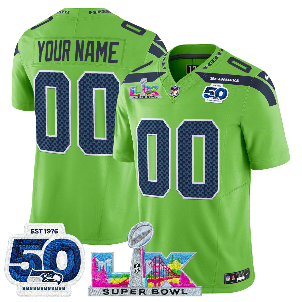 Seattle Seahawks "Super Bowl LX & 50th Patch" Vapor Limited Custom Jersey - All Stitched