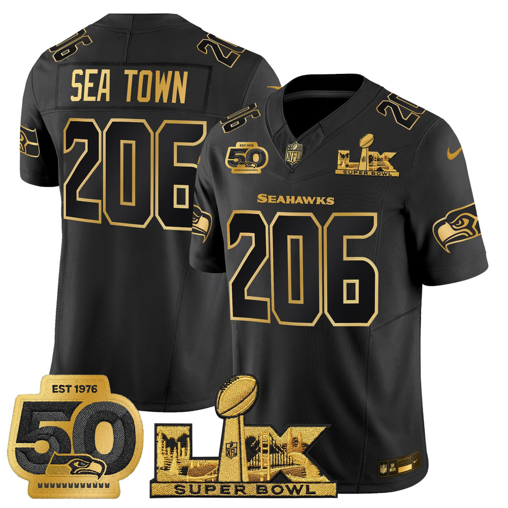 Men's Seattle Seahawks "Super Bowl LX & 50th Patch" Gold Vapor Limited Jersey - All Stitched