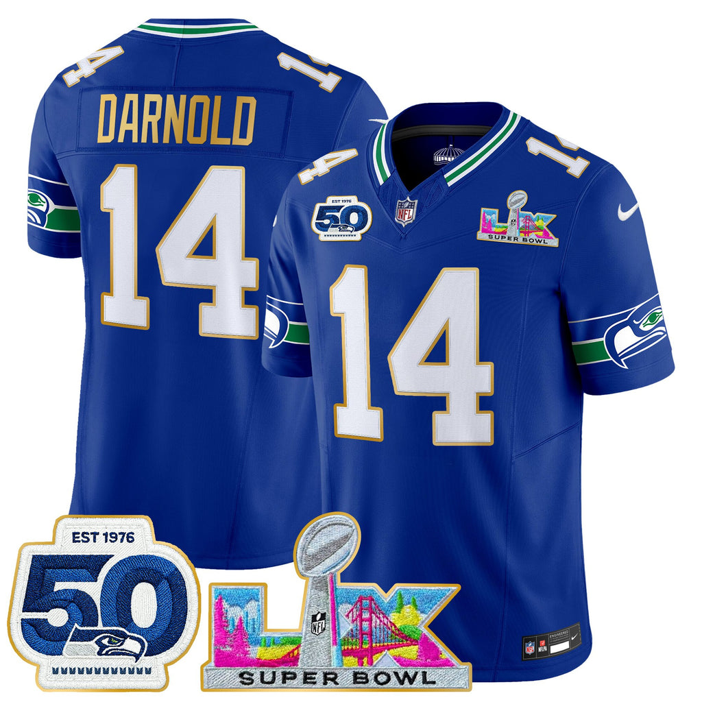 Men's Seattle Seahawks "Super Bowl LX & 50th Patch" Gold Trim Vapor Limited Jersey - All Stitched