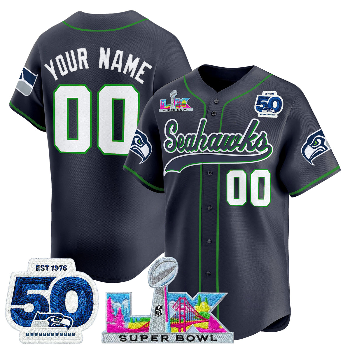 Seattle Seahawks Super Bowl LX Patch Vapor Baseball Custom Jersey - All Stitched