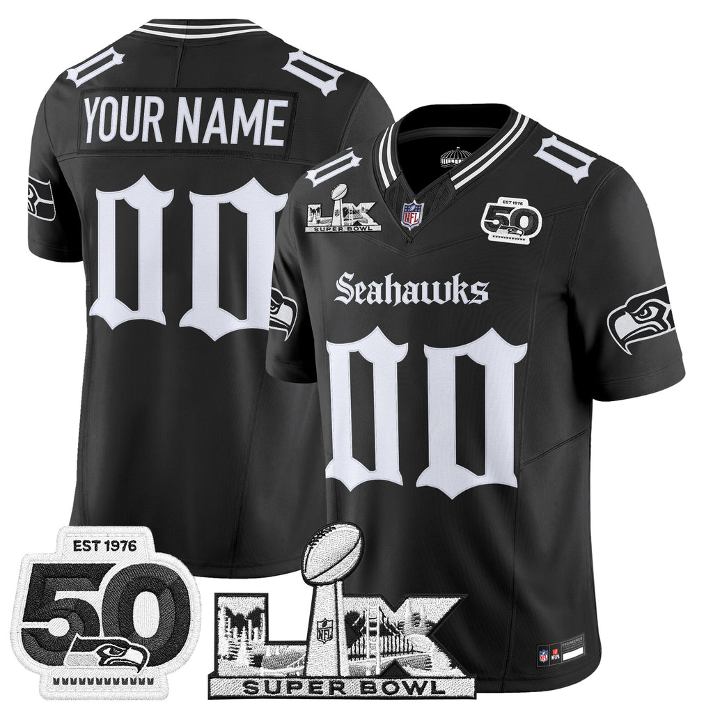 Seattle Seahawks "Super Bowl LX & 50th Patch" Vapor Limited Custom Jersey - Gothic Edition - All Stitched