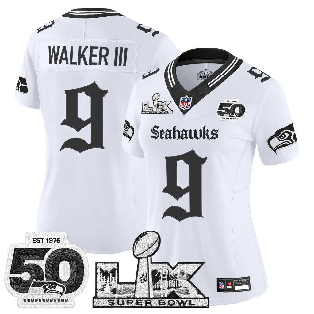 Women's Seattle Seahawks "Super Bowl LX & 50th Patch" Vapor Limited Jersey - Gothic Edition - All Stitched