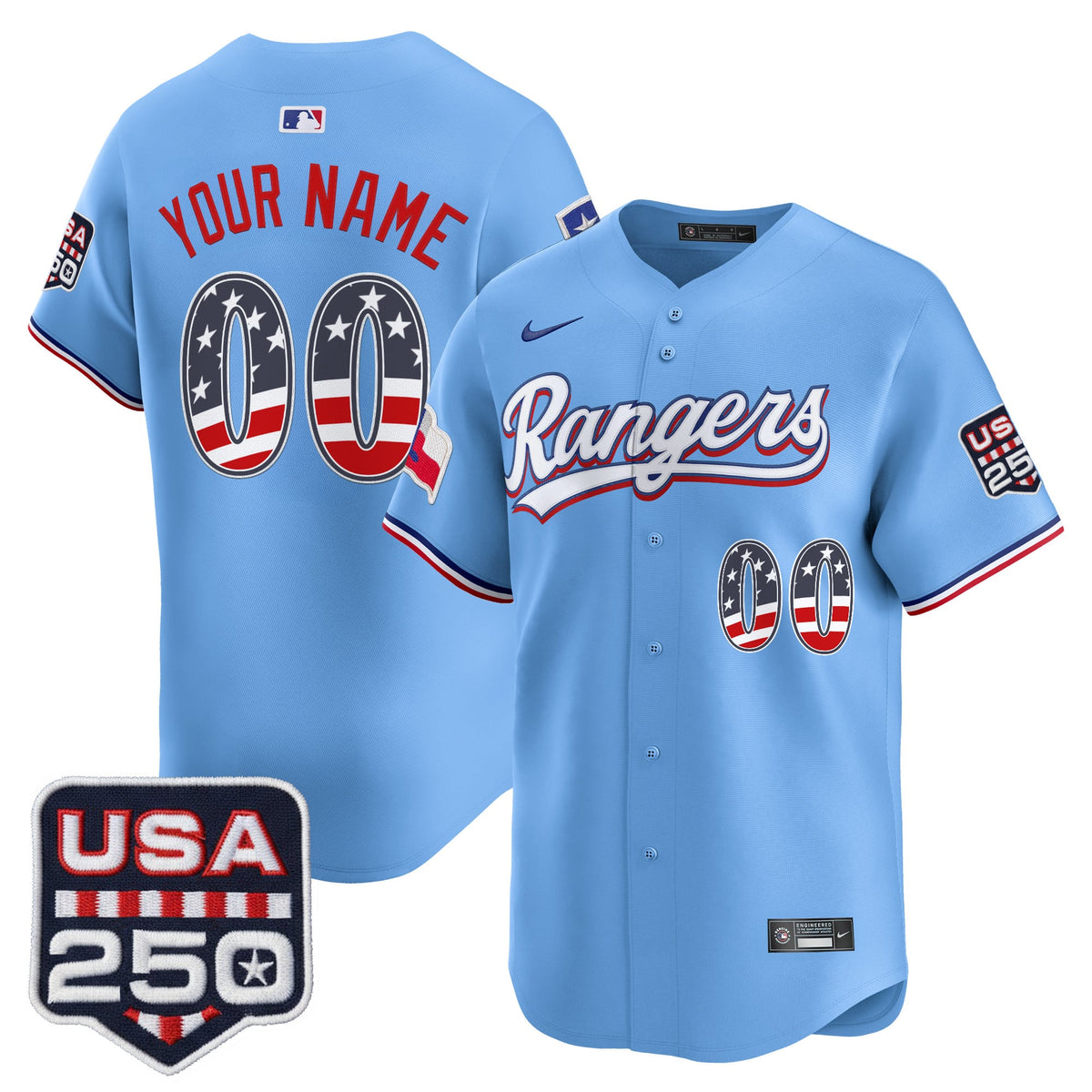 Texas Rangers USA 250 Fourth of July Vapor Premier Limited Custom Jersey - All Stitched